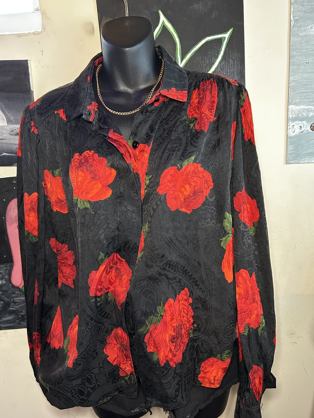 Vintage St. Germain Silk Red Rose Sheer Jacquard Blouse Jacket Made in Germany
